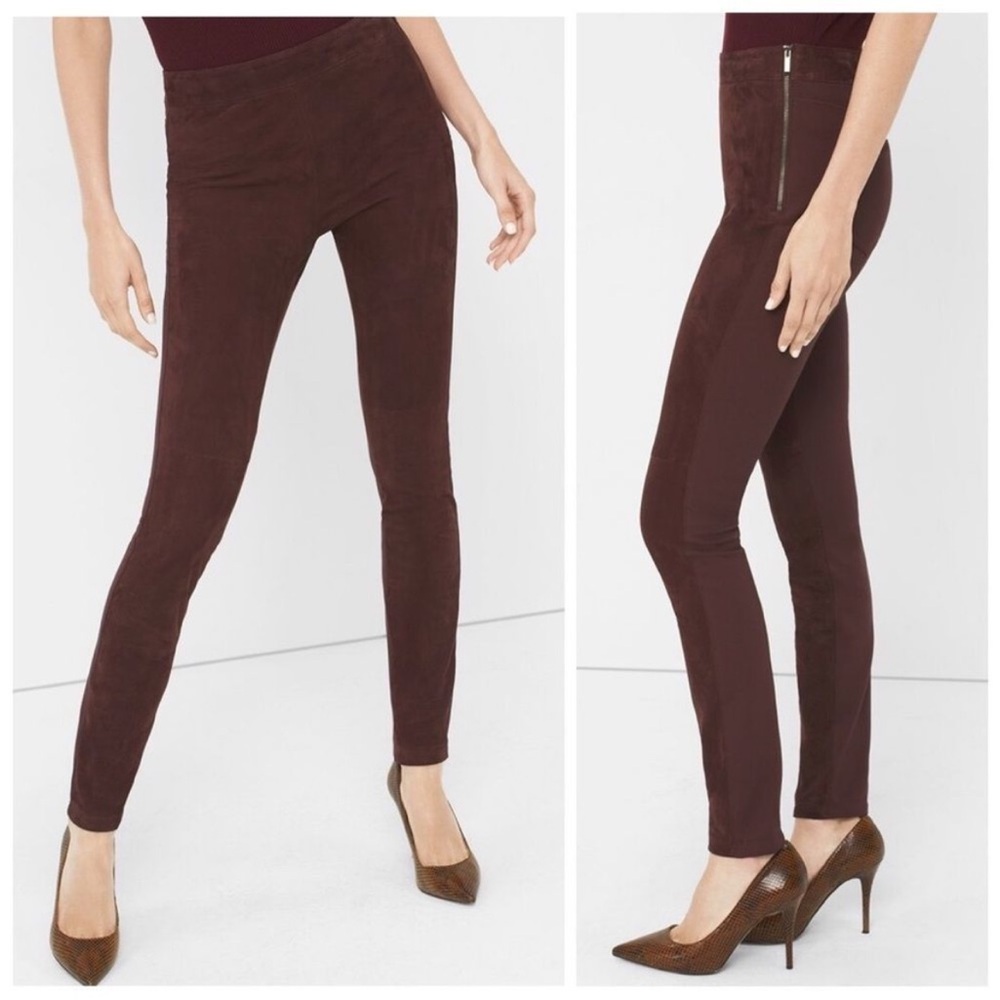 White House Black Market Suede Ponte Leggings Genuine Leather Dark Red Brown 8